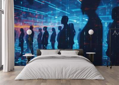 Digital hologram of business people standing in a row and talking to each other, with a futuristic digital background featuring glowing lines - Wall mural