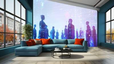 Digital hologram of business people standing in a row and talking to each other, with a futuristic digital background featuring glowing lines Wall mural