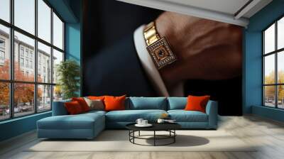 extreme close up photo - a jeweled cufflink on a gold business cuff on a man's hand ::1 black background  Wall mural