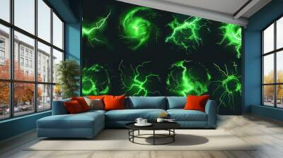 Glowing green lightnings. Electric storm, power thunder lightening glow effect magical circle energy neon light glowing cracks electrician thunderbolt, garish vector illustration  Wall mural