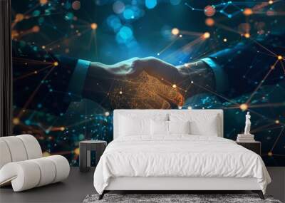 handshake on a virtual background with digital technology icons and a business network connection Wall mural