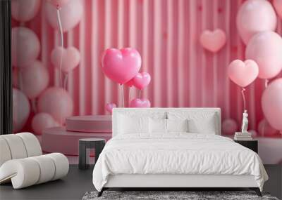 Heart 3D background podium balloon pink day display love happy valentine platform gift party.  Wall mural