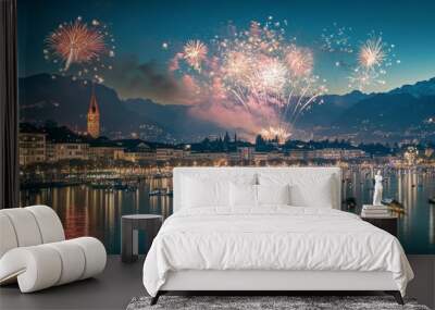 new year's eve in zurich, switzerland, with a fireworks display over lake zurich, with the alps visible in the background, symbolizing elegance and festivity.  Wall mural