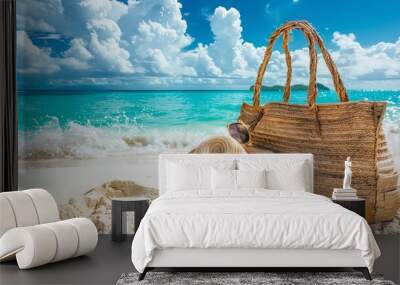 Straw hat, bag and sun glasses on a tropical beach  Wall mural