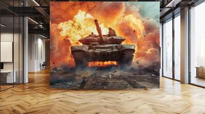 tank exploding on the battlefield Wall mural