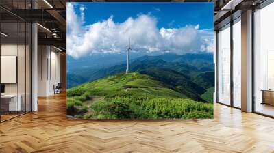 The wind turbine stands on the mountaintop, surrounded by green grass and blue sky and white clouds as the background Wall mural