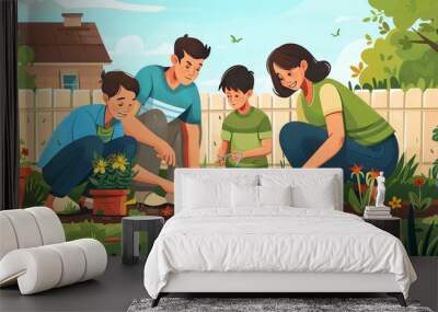 Vector illustration of a family gardening together, featuring a mother, father, and their teenage son planting flowers in a garden bed at their home Wall mural