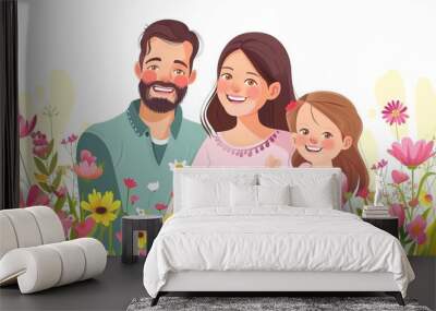 vector illustration of happy family portrait, mom and dad with baby girl in the flowers field, clip art style  Wall mural