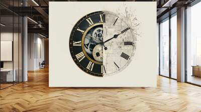 Horloge dont les deux moitiés sont séparées : l'une blanche et design, l'autre noire et antique sur arrière-plan blanc Wall mural