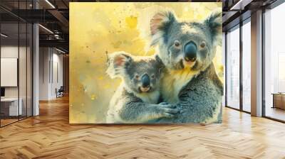 Mère koala et son petit, dessin à l'aquarelle, fond jaune Wall mural