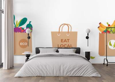 Set of grocery brown Recycle paper bags and package with fresh healthy food, products and vegetables logo.  Wall mural