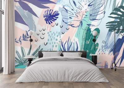 Creative universal floral background in tropical style. Vector Wall mural