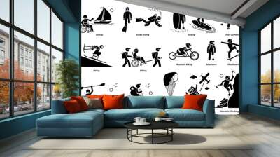 Adaptive recreational activities for handicapped or disabled people stick figure icons. Vector illustrations of extreme sports and accessible adventures for person with physical disabilities. Wall mural