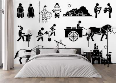 Ancient History Iron Age Medieval Human Civilization in Middle Age. Vector illustrations depict human technology development during the Iron Age and medieval people from the Middle Age. Wall mural