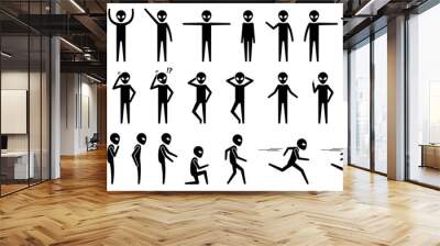 Basic alien UFO body poses and postures stick figure pictogram icons. Vector illustrations of alien standing, moving, talking, walking, running, and other movement actions.  Wall mural