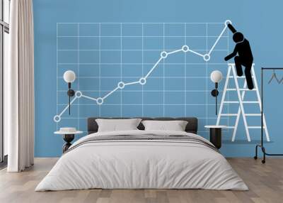 Businessman climbing up on a ladder to adjust an uptrend graph chart on a wall. Vector artwork depicts financial success, bullish stock market, good sales, profit, and growth. Wall mural