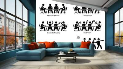 Executives having effective and efficient meeting and discussion. The businessmen have good collaboration, a successful meeting, and celebration. They finished the meeting earlier than expected. Wall mural