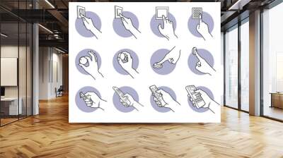 Hand pressing, turning, pushing, and flipping switch button. Vector illustrations of a hand controlling and adjusting electrical device with wall switch, dial button, knob, flip and remote controller. Wall mural