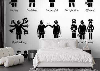 Happy and Cheerful Doctor. Stick figure pictogram depicts a doctor that is feeling confident, successful, and satisfied. The doctor can do multitasking and love his work job at the clinic and hospital Wall mural