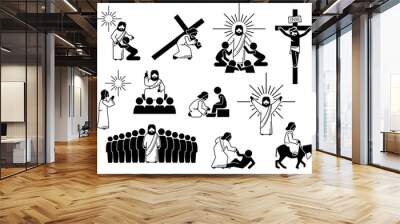 Jesus Christ stick figure, icons and pictogram. Illustrations of Jesus Christ with people, cross, crucifixion, praying, worship, sacrifice, teaching disciples, and love. Wall mural