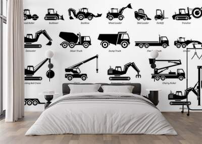 List of construction vehicles, tractors, and heavy machinery icons. Sideview artwork of construction and industrial vehicles, road roller, bulldozer, backhoe, excavator, dump truck, and crane. Wall mural