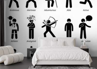 Positive Good Personalities Character Traits. Stick Figures Man Icons. Starting with the Alphabet A. Wall mural