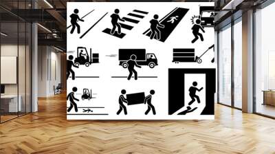 Road safety walkway and heavy vehicle loading bay. Warning sign, danger risk symbol, and safety precaution at workplace. People road crossing, docking bay, lorry forklift moving, and emergency exit. Wall mural