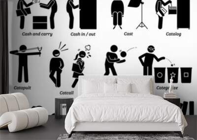 Stick figure human people man action, feelings, and emotions icons starting with alphabet C. Cash and carry, cash in out, casting, catalog, catapult, catcall, catch ball, categorize, food catering. Wall mural