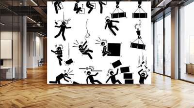 Warning sign, danger risk symbol, and safety precaution at workplace. Vector illustrations pictogram of manual handling, dangerous object things falling from above and dropping boxes hazard. Wall mural