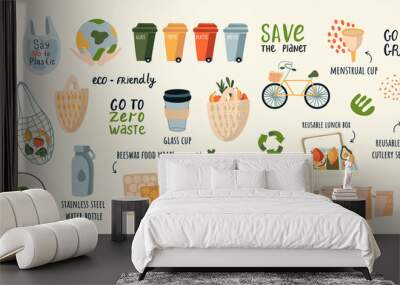 A collection of vector illustrations by Zero Waste. Eco icons on light. Flat vector illustration. Ecology and recycling with environmental conservation vector illustration and motivational text Wall mural