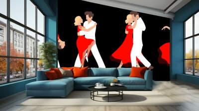 Four passionate couples dancing tango on a dark background.A man in a white suit and a woman in a red dress.Vector set of illustrations for a show, dance competition, tango school poster. Wall mural