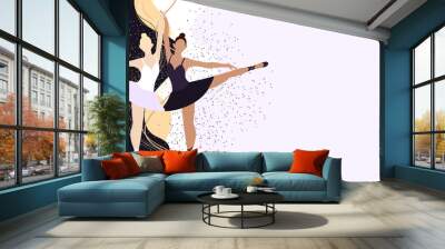 Two ballerinas are standing on pointe shoes. Blonde on a dark background and a black-skinned brunette on a light background. Beautiful girls with sparkles around.Elegant background and place for text. Wall mural