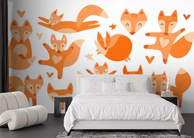 Vector collection of 11 illustrations with cute chanterelles. Red beautiful foxes on a white isolated background. The fox sleeps, sits, runs, hugs, jumps, the muzzle of a kind wild beast. Wall mural