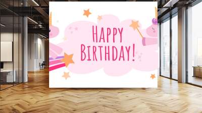 Vector pink background with unicorns, gifts and a cloud with text for birthday. Wall mural