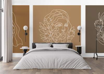 Vector set of portraits of women with flowers. Continuous line drawing of a woman s face with a magnolia, laurel or cotton flower. Minimalist beauty of woman with linear pattern, sand tone Wall mural