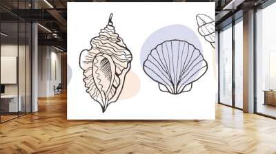 Vector set with seashells on a light background. Sketch style seashells with color. Illustrations for menu, fish restaurant design, hotel spa. Design and print on T-shirt,otkrat,phone case Wall mural