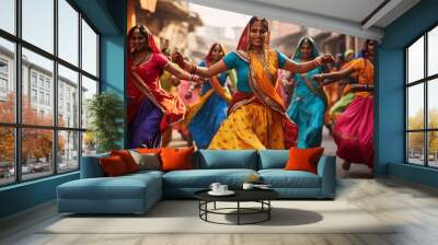 Indian women dancing on the streets in traditional clothes Wall mural