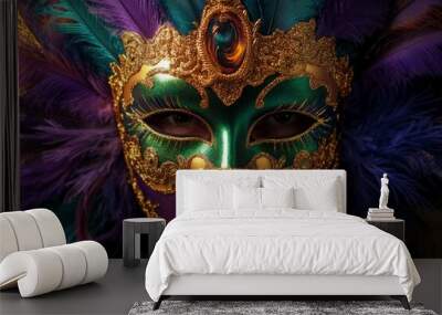 Mardi Gras carnival mask with green, purple and gold colors. Mardi Gras carnival background with decorative mask. Mardi Gras carnival mask with colorful feathers on dark background. Copy space area Wall mural