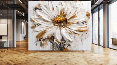 Abstract floral oil painting. Gold and yellow daisy on white background Wall mural