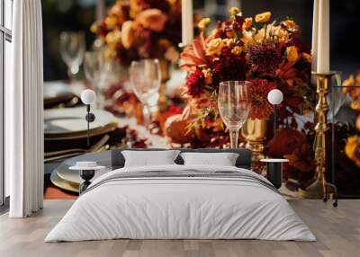 Autumn decor, table details closeup. Holiday or wedding festive luxury design Wall mural