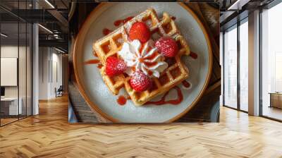 Belgian waffles with strawberries, cream, drizzle of syrup, top view Wall mural