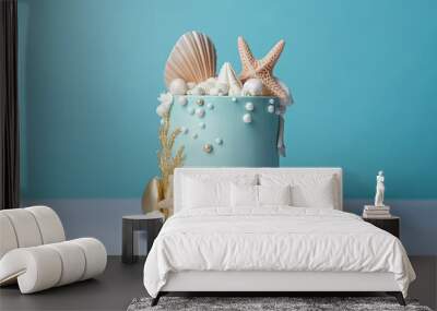 Birthday or wedding cake decorated with seashells, pearls, stars, blue background. Generative AI Wall mural