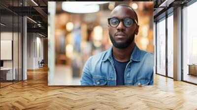 Black man wearing glasses in well lit optical store, with rows of eyewear displayed behind him Wall mural