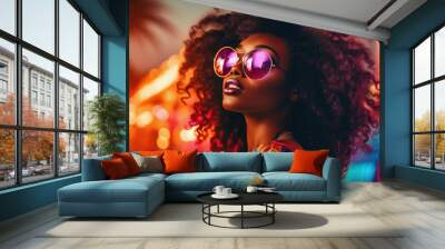 Black woman in sunglasses enjoys nightlife, summer tropical outdoors Wall mural