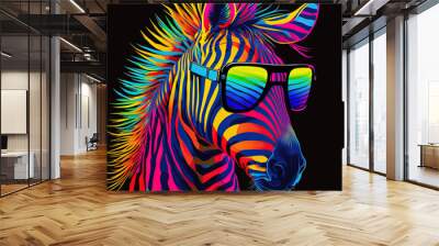 Cool colorful neon zebra in sunglasses. Generative AI. Not based on Wall mural