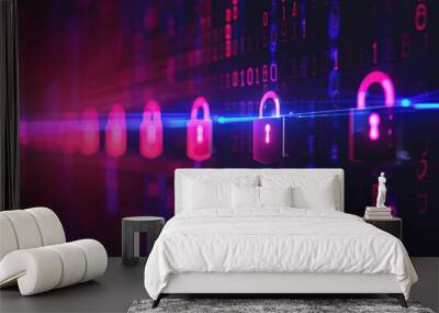 Cybersecurity, cyberattacks concept with digital locks and data encryption Wall mural