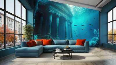 Fantasy underwater seascape with lost city. Generative AI Wall mural