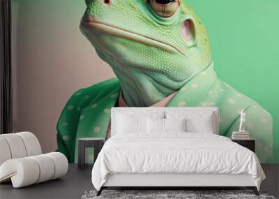 Fashion frog in polka dot suit. Green monochrome portrait. Generative Wall mural