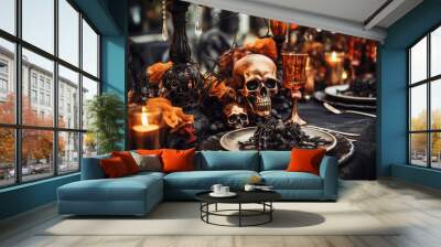 Halloween festive table setting with autumnal decor for party Wall mural