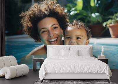 Hispanic mother and her baby are swimming in a pool, smiling, lifestyle photoshoot Wall mural